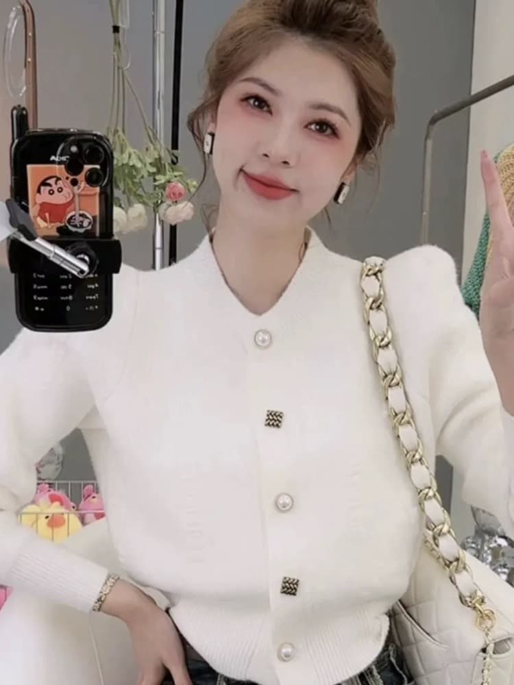 2026 레트로 작은 샤넬 스타일 스웨터 카디건 코트 가을 겨울 여성 의류 고급 센스 거품 소매 니트 스웨터 상세 이미지 7