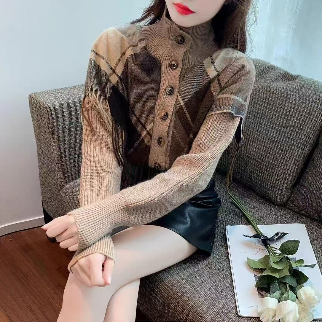 레트로 링 그리드 술 숄 페이크 레이어드 스웨터 코트 가을 겨울 여성 의류 디자인 센스 니트 오픈 가디건 맨위 이미지 3