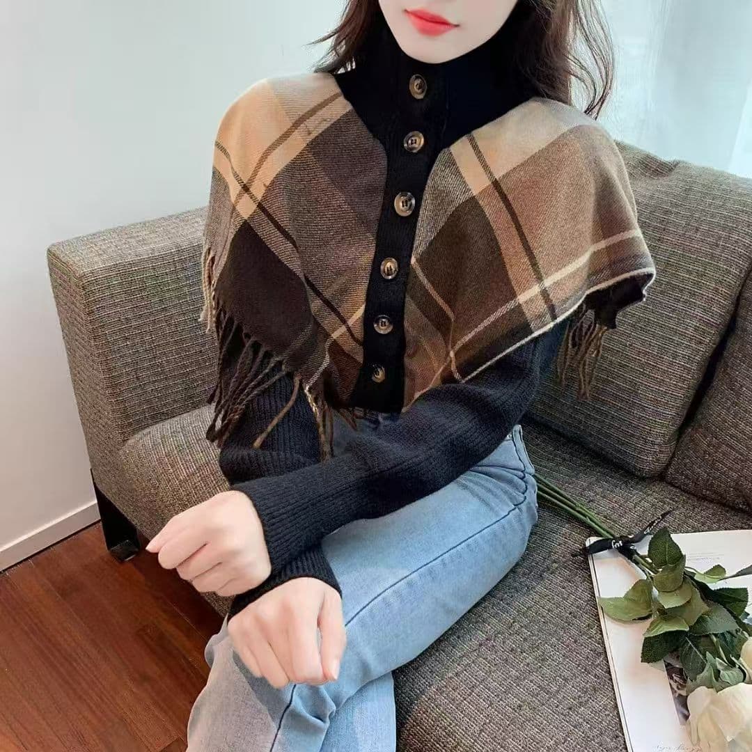 레트로 링 그리드 술 숄 페이크 레이어드 스웨터 코트 가을 겨울 여성 의류 디자인 센스 니트 오픈 가디건 맨위 상세 이미지 3