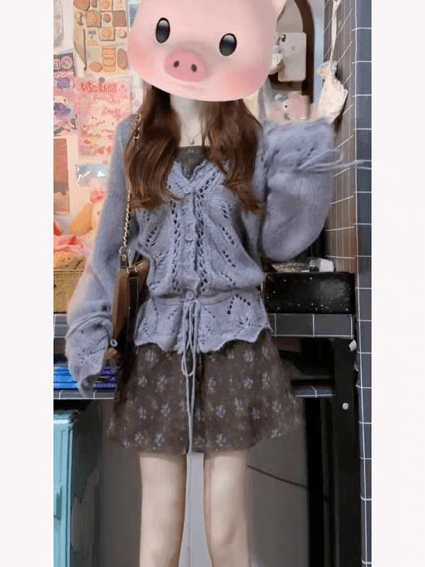 레트로 고유 한 슈퍼 잘 생긴 니트 스웨터 꽃무늬 슬립 드레스 투피스 슈트 전체 집합 ootd 착용 가져 가라. 상세 이미지 3