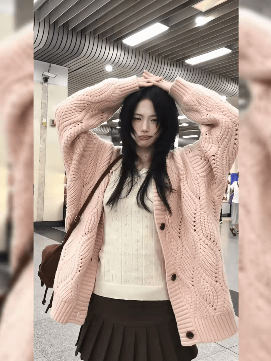 느긋한 바람 핑크색 스웨터 여성 코트 봄 2026 새로운 한 부서 고급 루즈핏 홀로우 아웃 니트 오픈 가디건 맨위 이미지 2