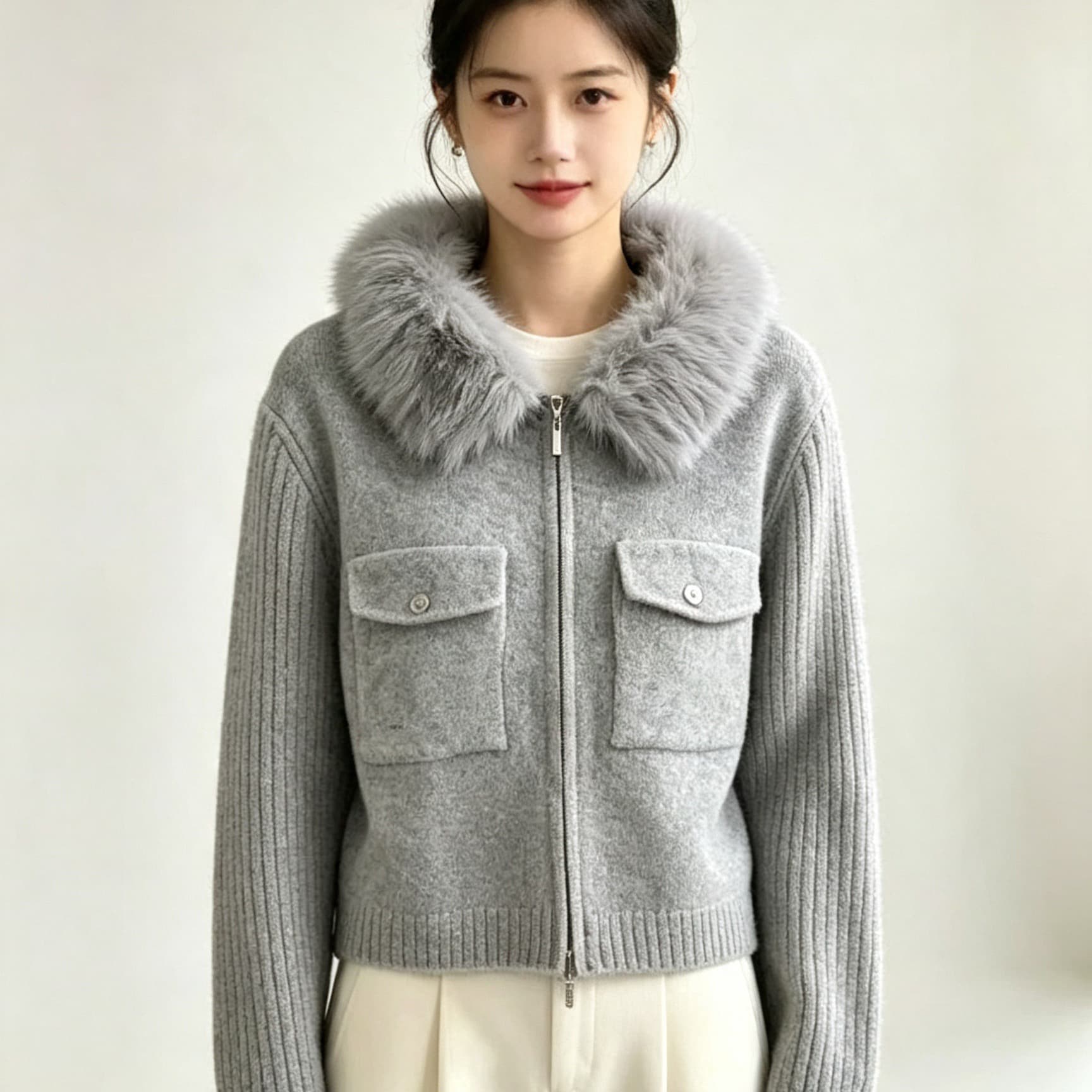 아메리칸 고급 센스 단색 스탠드 칼라 주머니 지퍼 디자인 니트 오픈 가디건 다용도 연령 감소 스웨터 코트 모피 칼라 여성