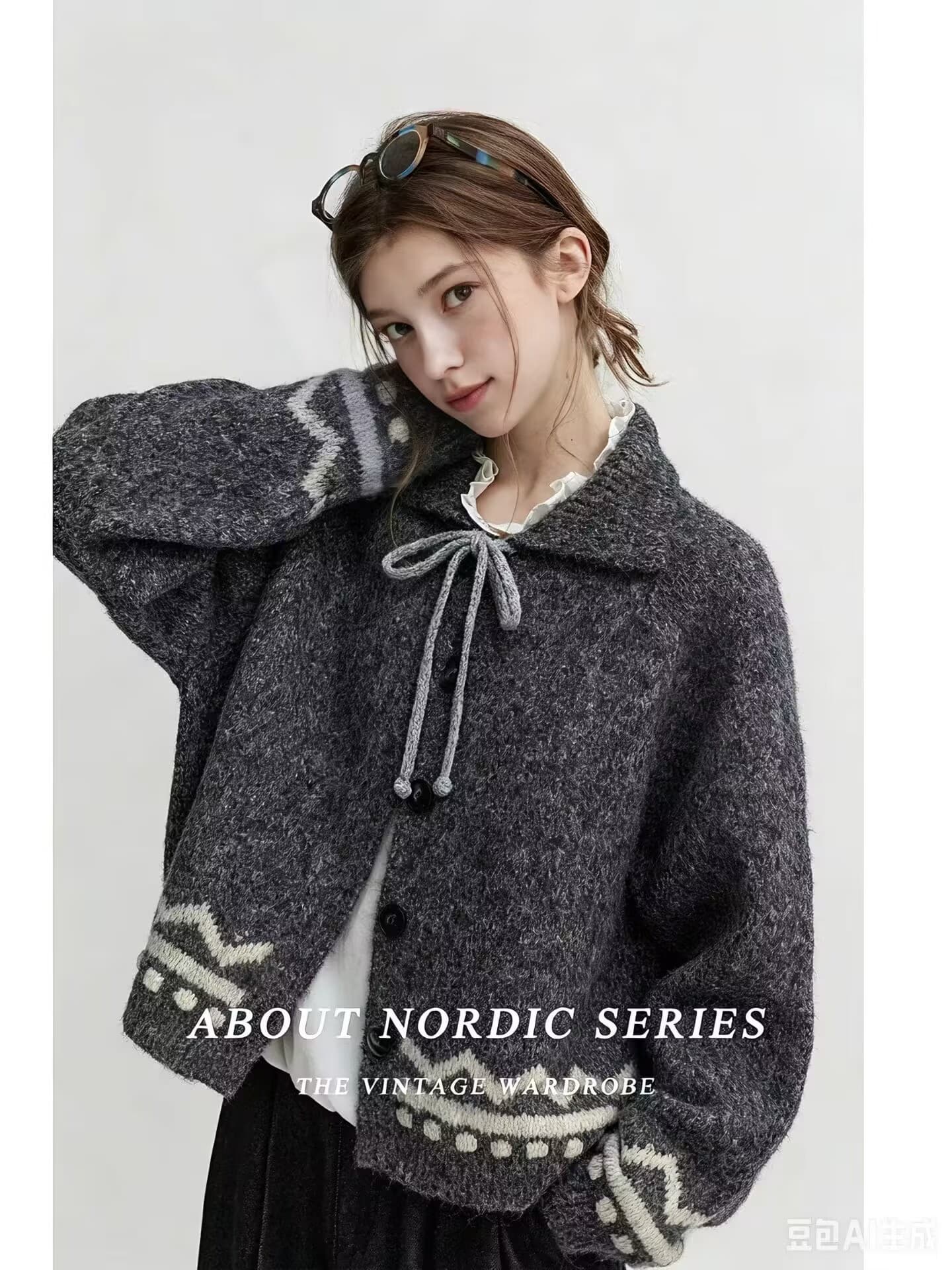 가을 새로운 레트로 배색 패치워크 폴로 칼라 니트 오픈 가디건 스웨터 여성 코트 다용도 상세 이미지 4