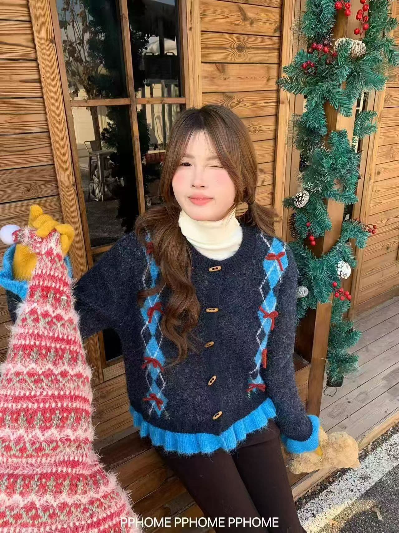 링 그리드 나비 매듭 라운드 넥 소뿔 버클 레트로 니트 스웨터 레이스 커프스 부드러운 찹쌀 스웨터 코트 가을 겨울 여자 상세 이미지 3