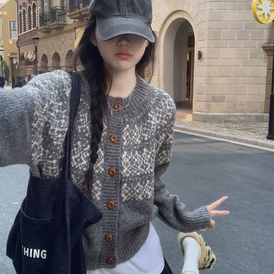 한 부서 판 수수료 레트로 자카드 라운드 넥 오픈 가디건 가을 겨울 찹쌀 프로 피부 루즈핏 니트 느긋한 스웨터 코트 맨위 여성
