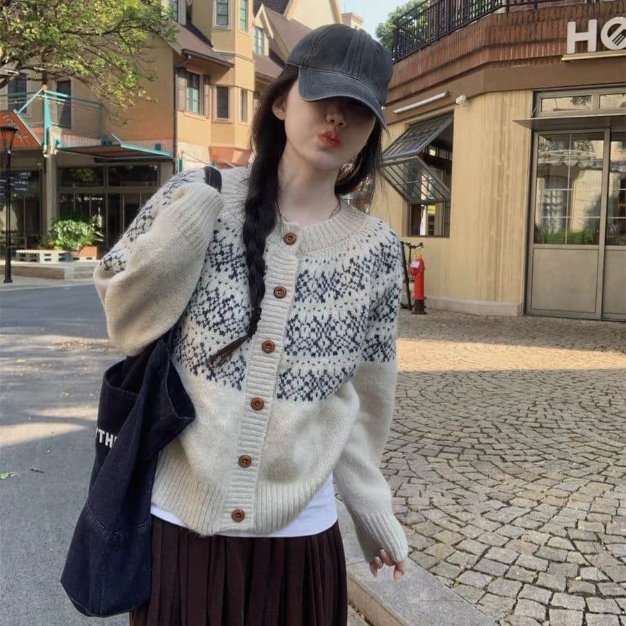 한 부서 판 수수료 레트로 자카드 라운드 넥 오픈 가디건 가을 겨울 찹쌀 프로 피부 루즈핏 니트 느긋한 스웨터 코트 맨위 여성 상세 이미지 1