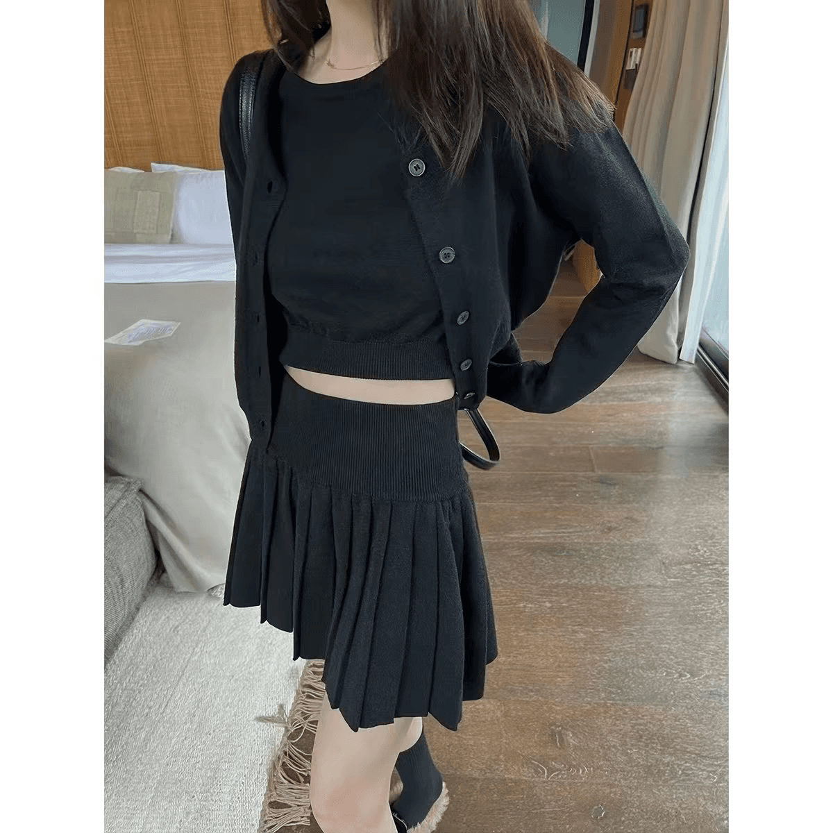 전체 집합 ootd 착용 가져 가라. 패션 니트 오픈 가디건 세트 여성 봄 가을 품격 슬림해 보이는 플리츠 반신 스커트 3종 세트 이미지 5
