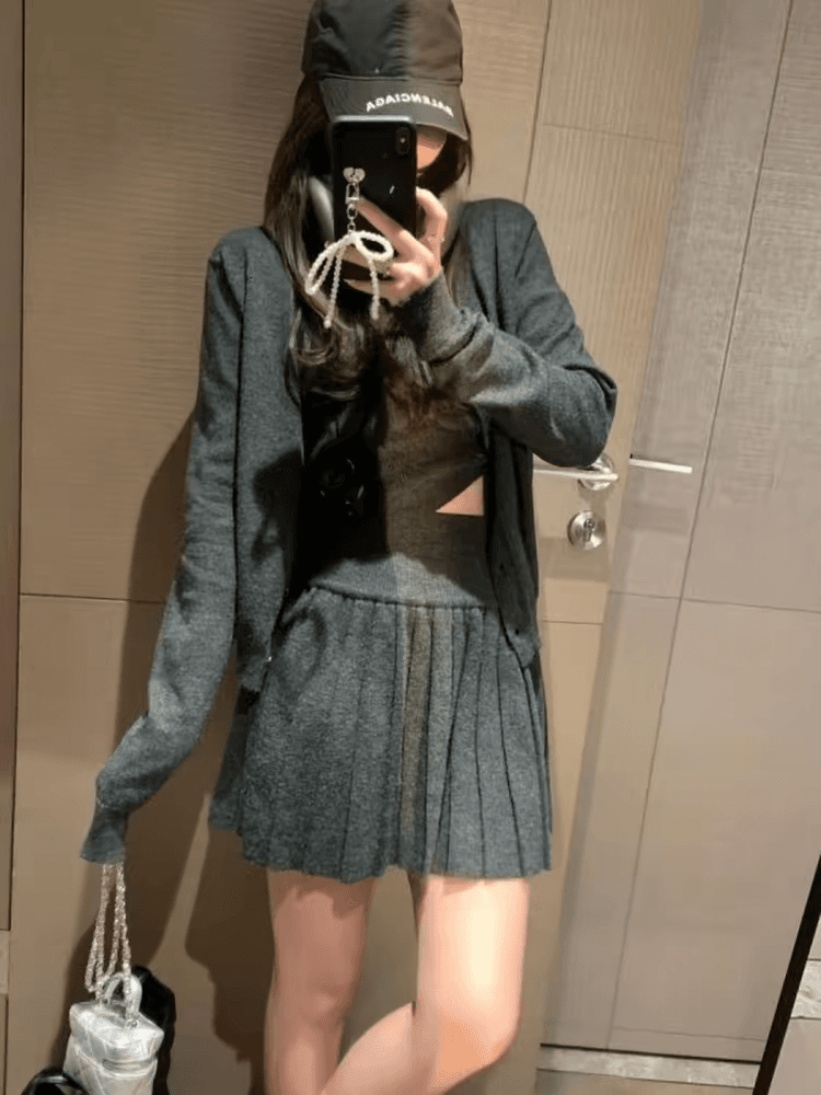 전체 집합 ootd 착용 가져 가라. 패션 니트 오픈 가디건 세트 여성 봄 가을 품격 슬림해 보이는 플리츠 반신 스커트 3종 세트 상세 이미지 2