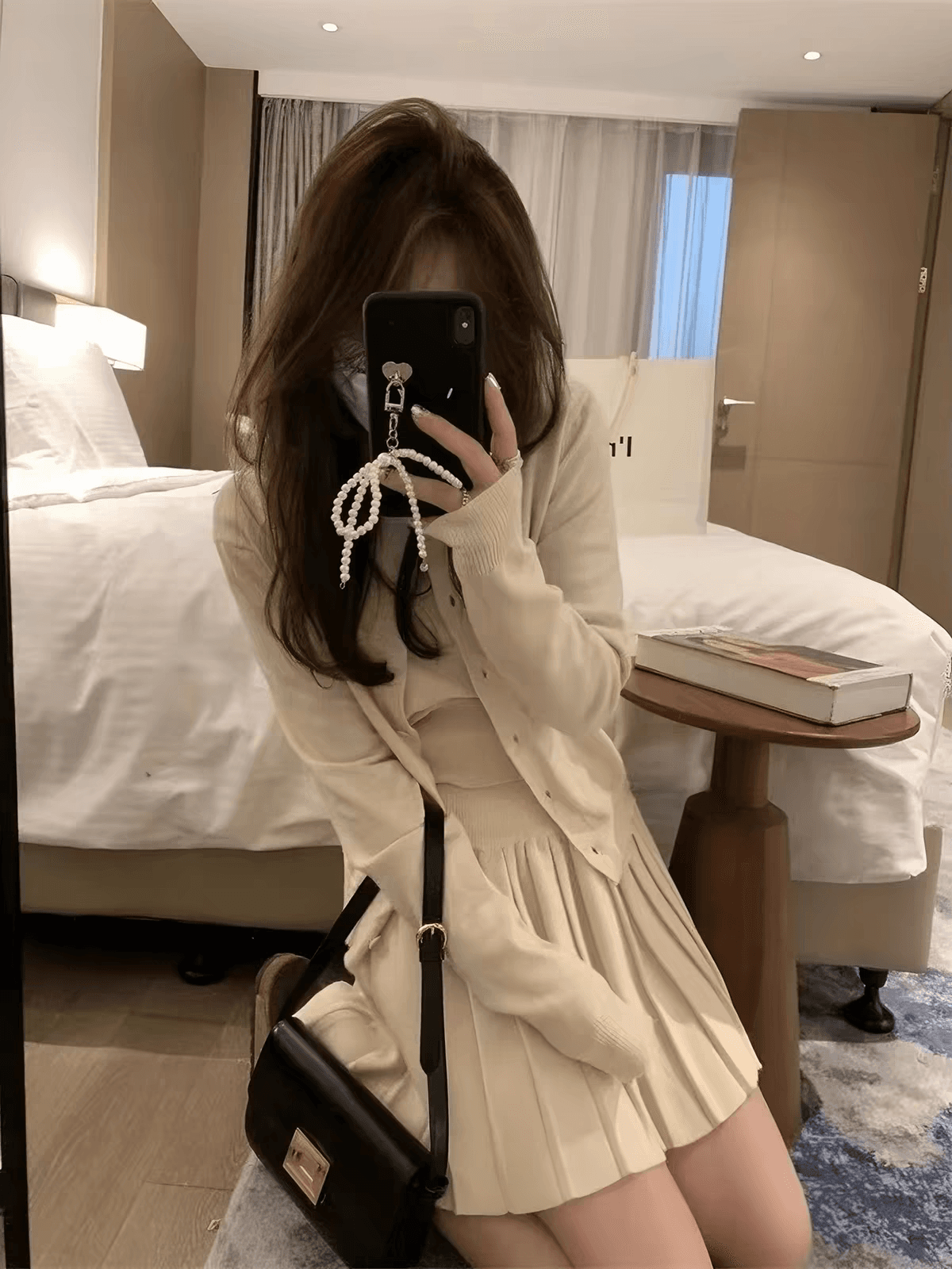 전체 집합 ootd 착용 가져 가라. 패션 니트 오픈 가디건 세트 여성 봄 가을 품격 슬림해 보이는 플리츠 반신 스커트 3종 세트 상세 이미지 4