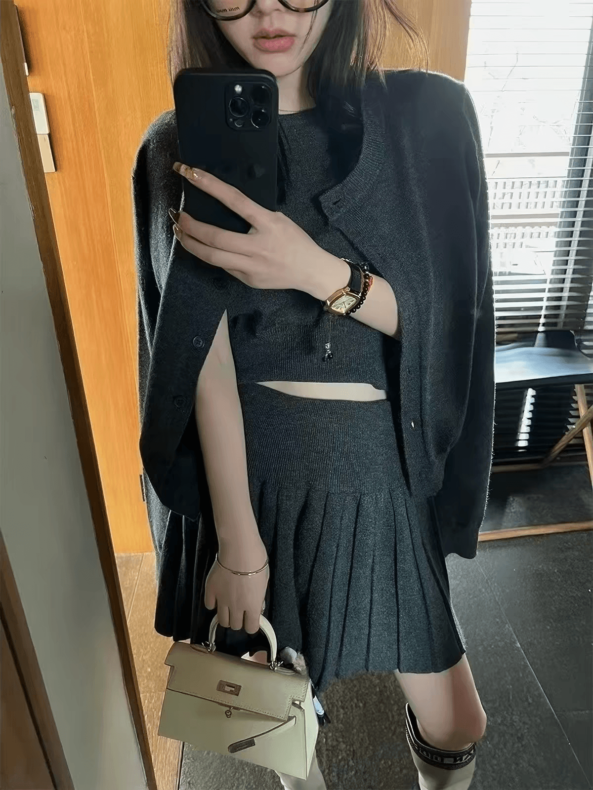 전체 집합 ootd 착용 가져 가라. 패션 니트 오픈 가디건 세트 여성 봄 가을 품격 슬림해 보이는 플리츠 반신 스커트 3종 세트 상세 이미지 5