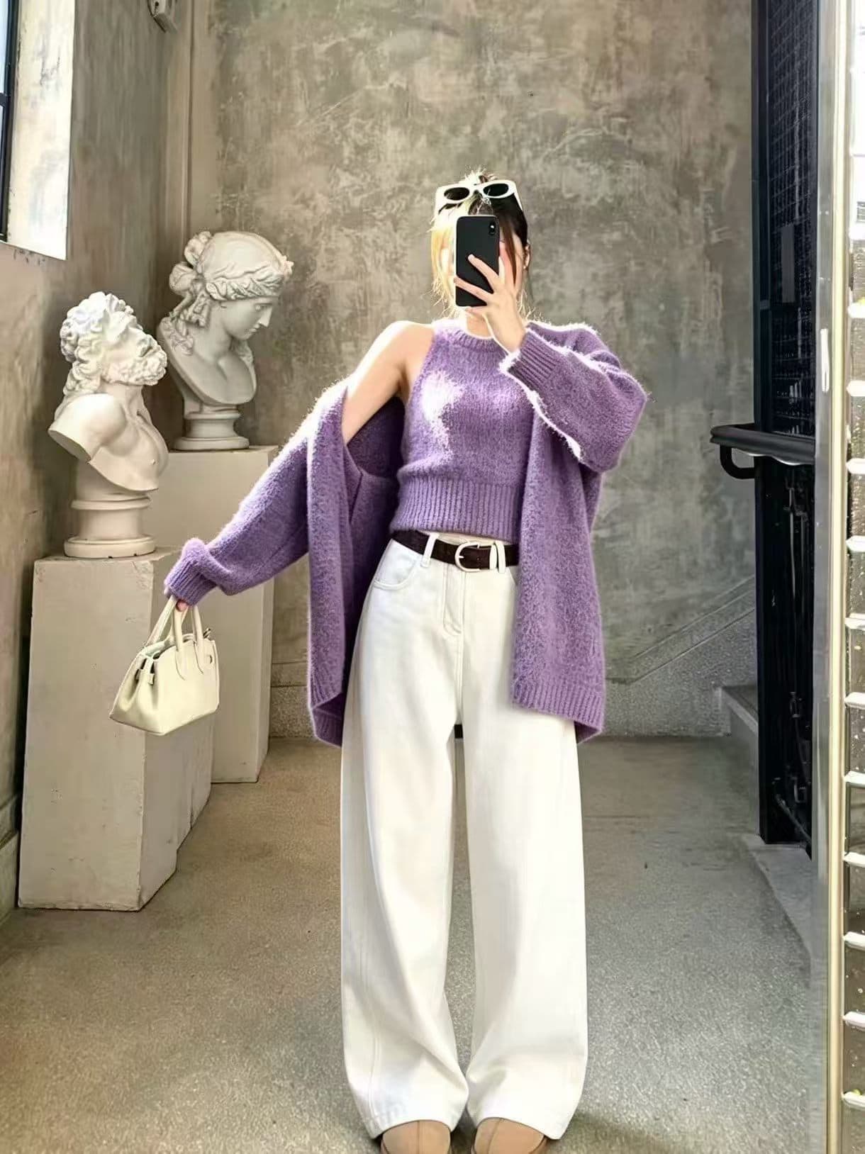 회색 재 홈 느긋한 바람 오프숄더 스웨터 조끼 니트 오픈 가디건 스웨터 두 조각 여성 세트 겨울 이미지 2