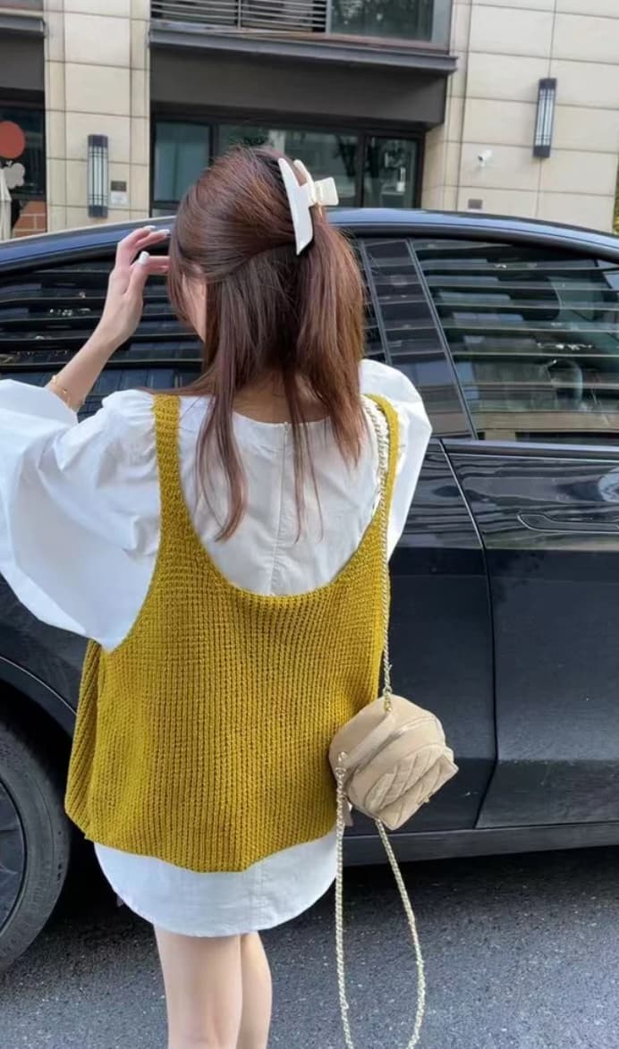 조기 가을 디자인 센스 거품 소매 셔츠 스택 착용 V넥 니트 베스트 투피스 세트 이미지 5