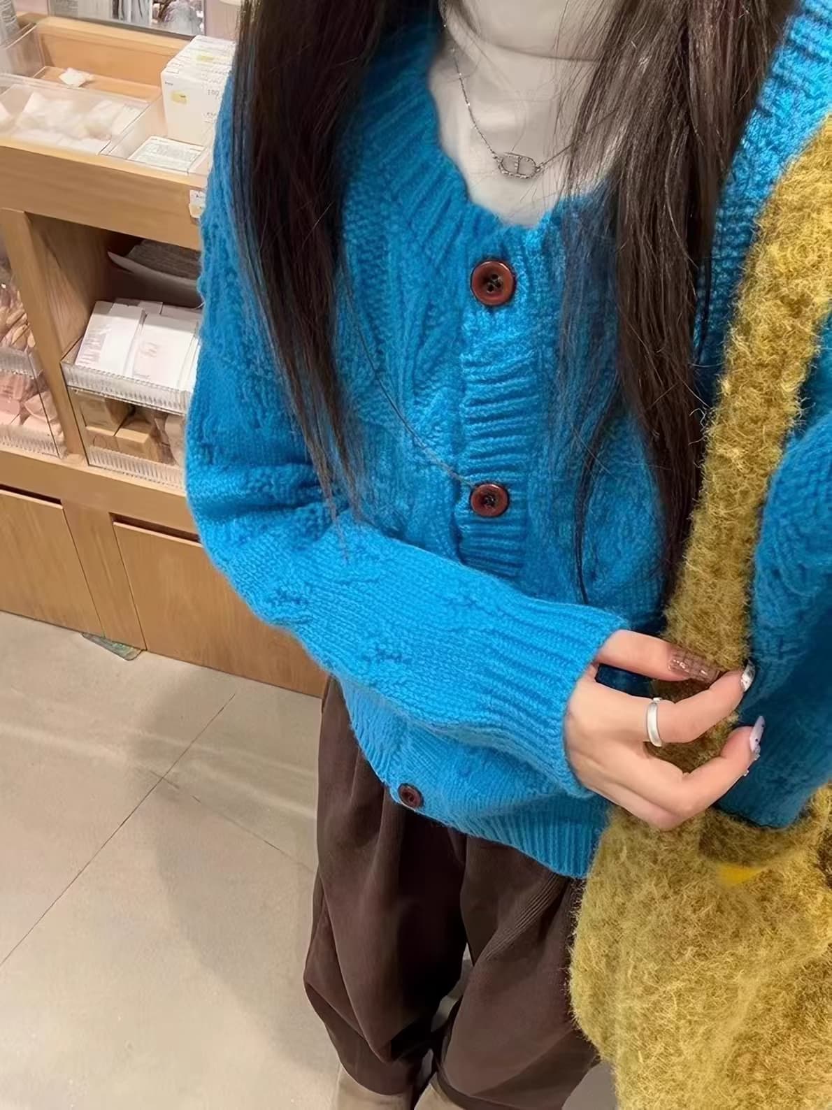 레트로 레이스 자수 파란색 니트 오픈 가디건 여성 가을 겨울 부드러운 찹쌀 스웨터 코트 한국 스타일 라운드 넥 풀오버