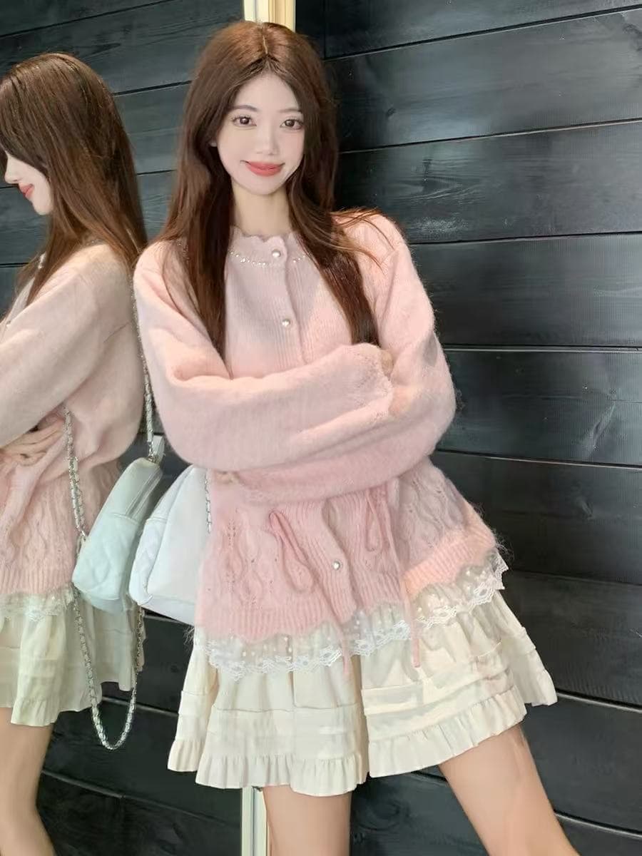 핑크색 비즈 박기 레이스 레이스 허리 수축 니트 오픈 가디건 여성 가을 겨울 빅 사이즈 지방 mm 고유 한 아름다운 자이언트 잘 생긴 스웨터 상세 이미지 3