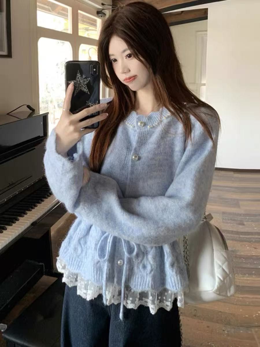 핑크색 비즈 박기 레이스 레이스 허리 수축 니트 오픈 가디건 여성 가을 겨울 빅 사이즈 지방 mm 고유 한 아름다운 자이언트 잘 생긴 스웨터 상세 이미지 4