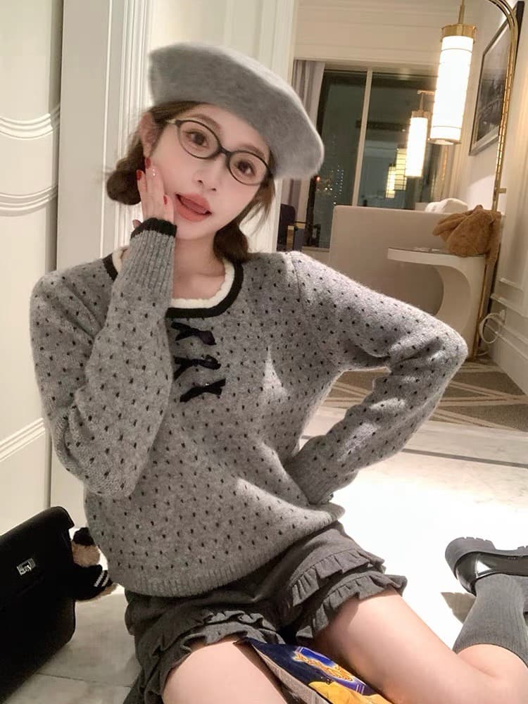 가을 겨울 새로운 달콤함 일본식 베이비 칼라 도트 무늬 레이스 나비 매듭 스웨터 느긋한 디자인 센스 다용도 맨위 여성 이미지 3