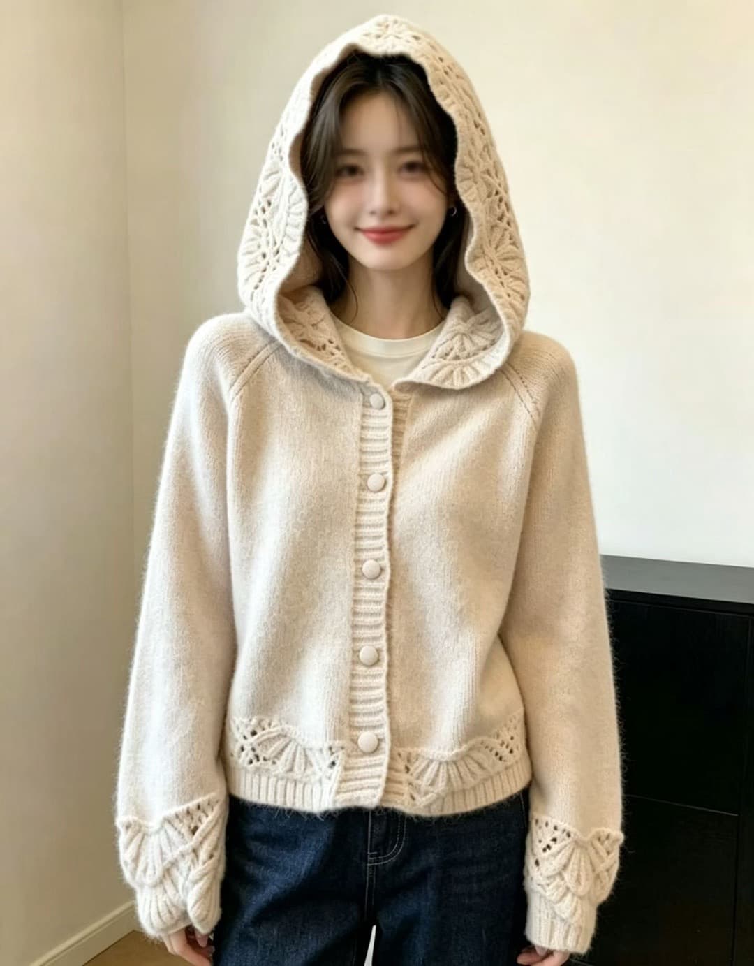 보존 섹션 추천 한 부서 홀로우 아웃 후드 스웨터 니트 오픈 가디건 여성 2026 새로운 자이언트 잘 생긴 부드러운 찹쌀 맨위
