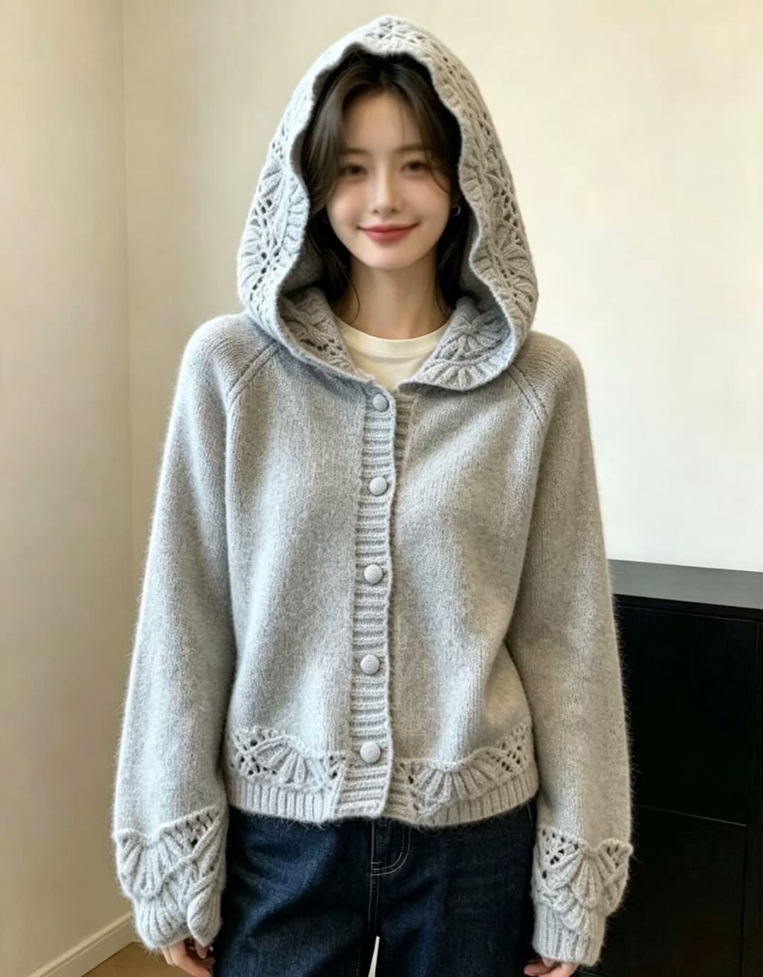 보존 섹션 추천 한 부서 홀로우 아웃 후드 스웨터 니트 오픈 가디건 여성 2026 새로운 자이언트 잘 생긴 부드러운 찹쌀 맨위 상세 이미지 1