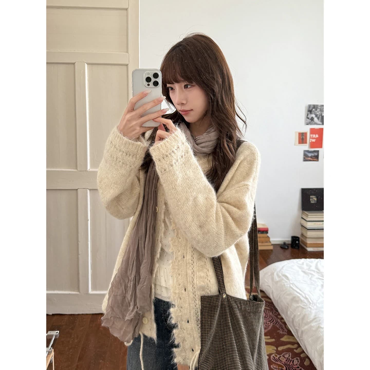우유 토끼 행성 직접 만든 플리스 홀로우 아웃 펌프 로프 방랑 스웨터 오픈 가디건 여성 코트 루즈핏 느긋한 니트 맨위 상세 이미지 3