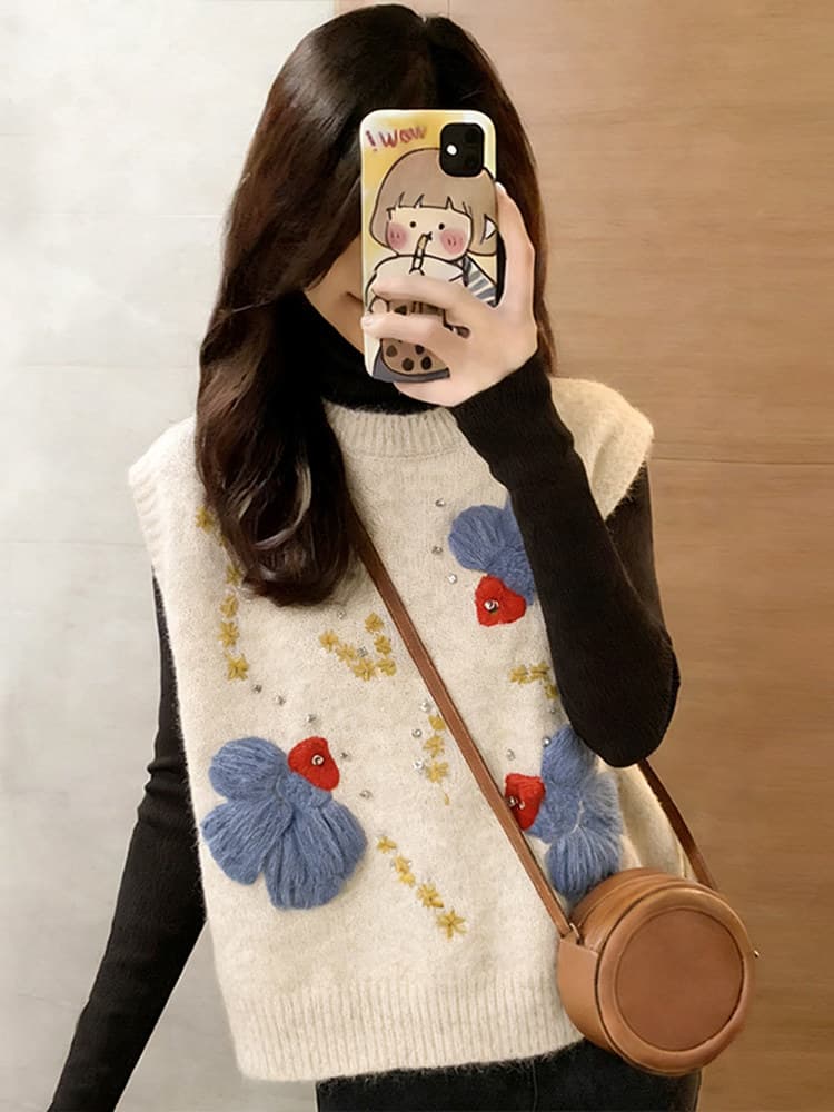 고유 한 Chic 만화 자카드 니트 조끼 여자 2026 봄 새로운 패션 스트레이트 고급 센스 다용도 맨위 이미지 2