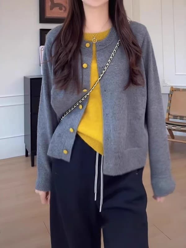 느긋한 바람 레트로 배색 패치워크 페이크 레이어드 니트 오픈 가디건 여성 가을 빅 사이즈 지방 mm 슬림해 보이는 디자인 센스 스웨터 이미지 2