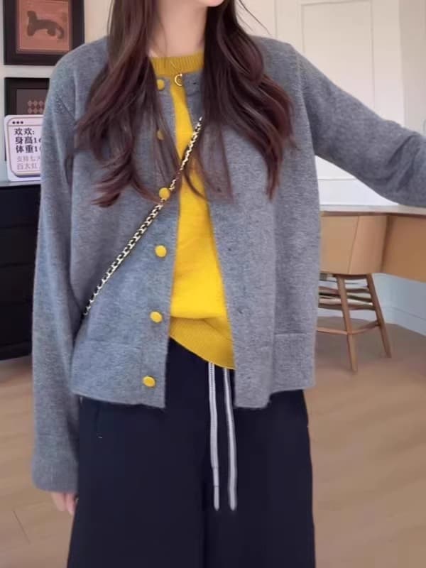 느긋한 바람 레트로 배색 패치워크 페이크 레이어드 니트 오픈 가디건 여성 가을 빅 사이즈 지방 mm 슬림해 보이는 디자인 센스 스웨터 상세 이미지 1