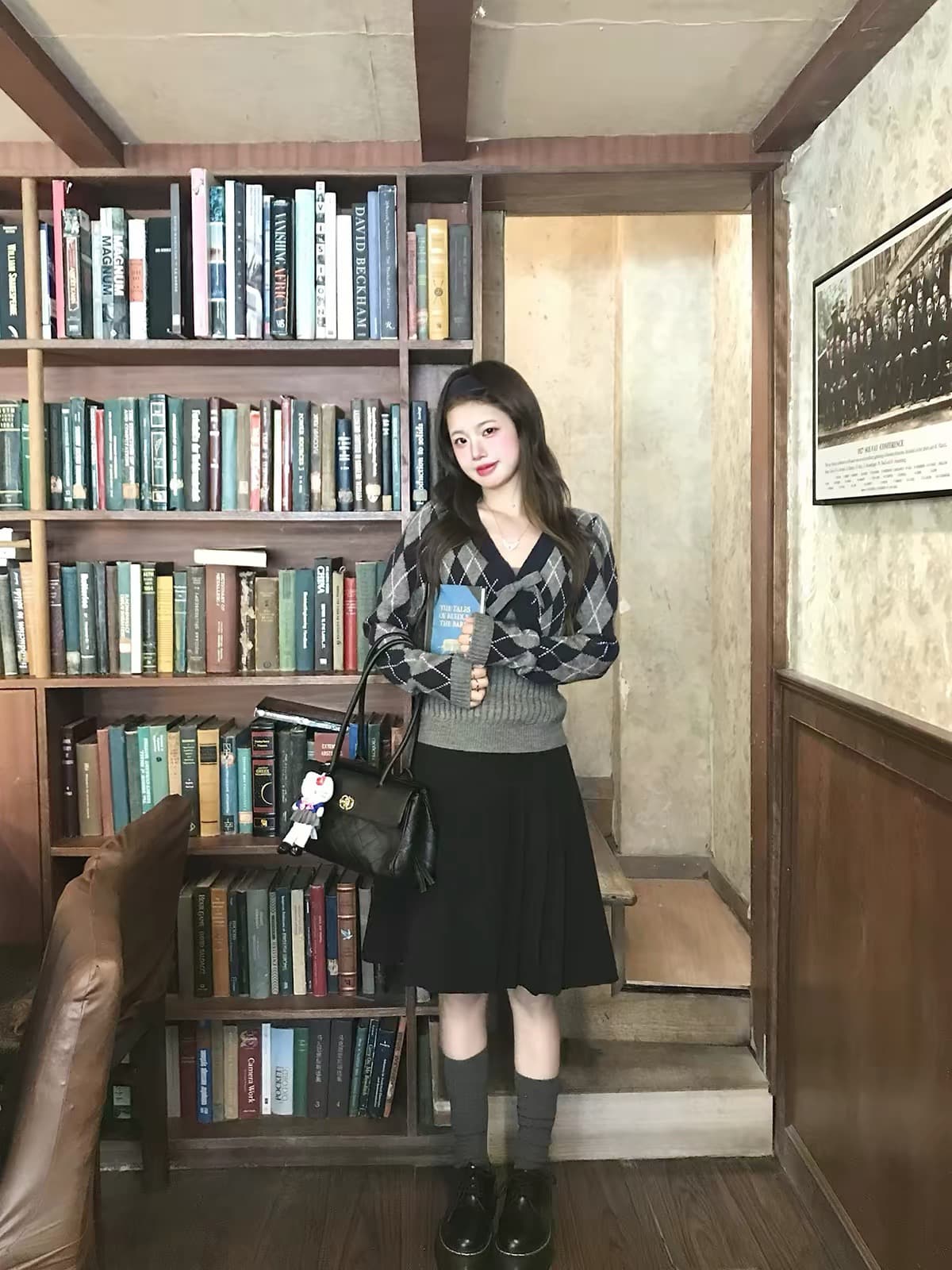 작은 요정 니켈 어린이 레트로 링 그리드 니트 스웨터 여성 가을 자이언트 잘 생긴 학원 스타일 스택 착용 세트 부드러운 작은 대중 맨위 이미지 3