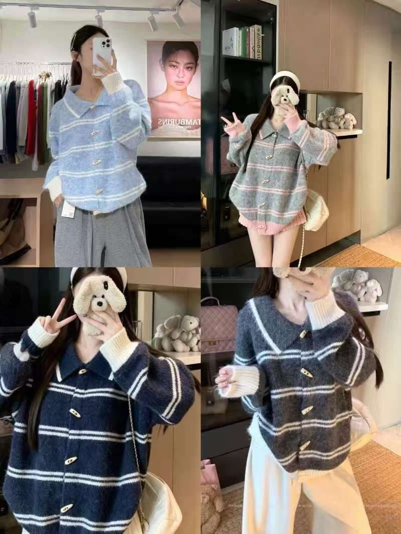 한 부서 배색 스트라이프 polo 폴로 칼라 오픈 가디건 나무 버클 니트 스웨터 슬림해 보이는 재킷 부드러운 찹쌀 디스플레이 화이트 니트 맨위 여성 상세 이미지 1