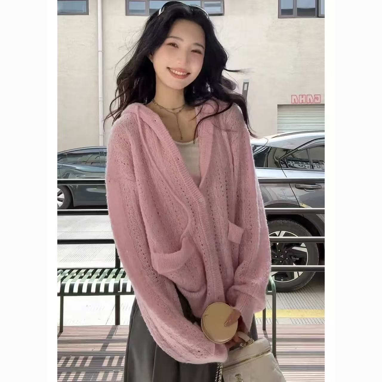 한 부서 작은 청신 부드러운 느긋한 바람 핑크색 홀로우 아웃 후드 디스플레이 니트 오픈 가디건 여성 스웨터