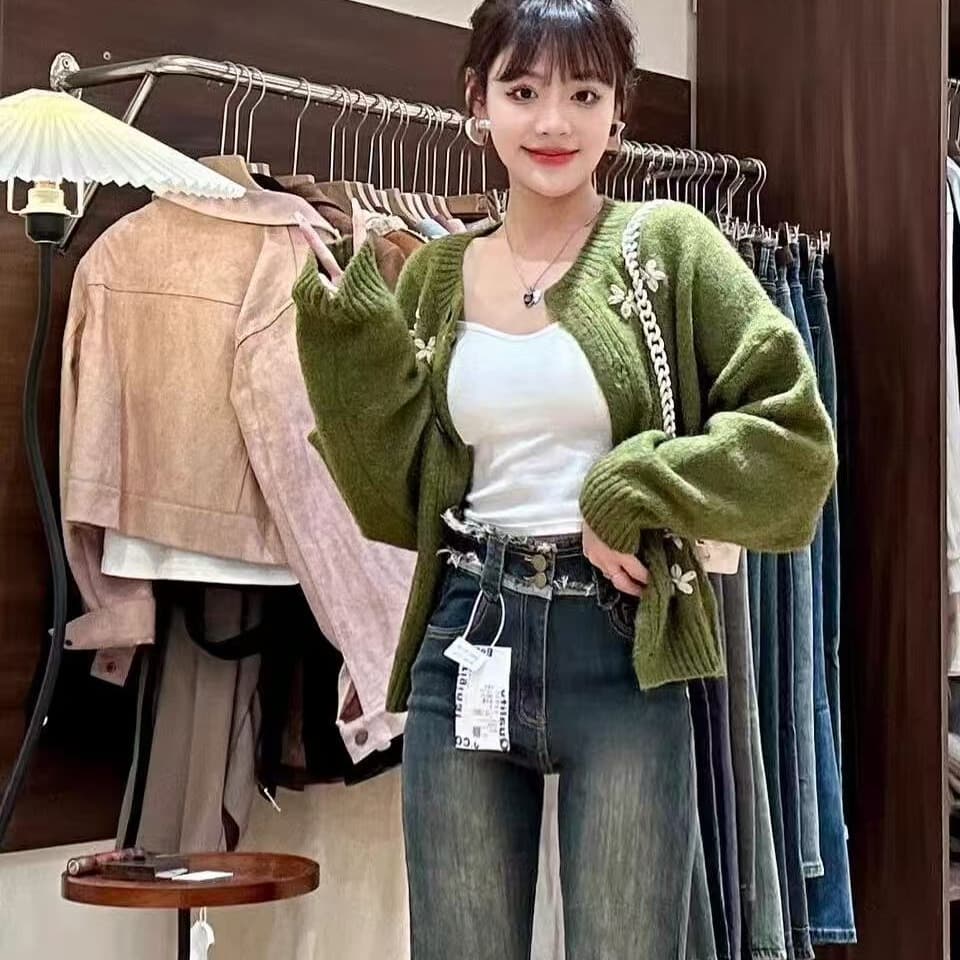 녹색 자수 니트 재킷 맨위 레트로 부드러운 찹쌀 자수 루즈핏 외부 가져 가라. 느긋한 스웨터 오픈 가디건 여성 이미지 2