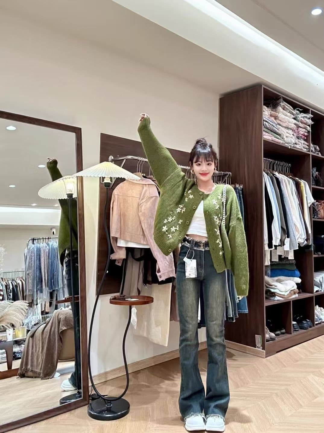 녹색 자수 니트 재킷 맨위 레트로 부드러운 찹쌀 자수 루즈핏 외부 가져 가라. 느긋한 스웨터 오픈 가디건 여성 이미지 3