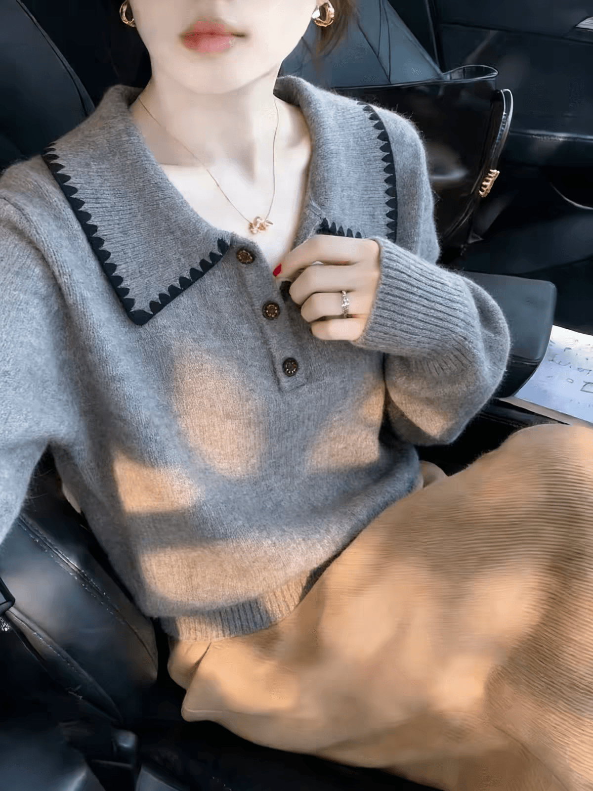 보존 섹션 추천 학원 스타일 배색 POLO 칼라 긴팔 니트 스웨터 여성 가을 새로운 긍정적 인 어깨 풀오버