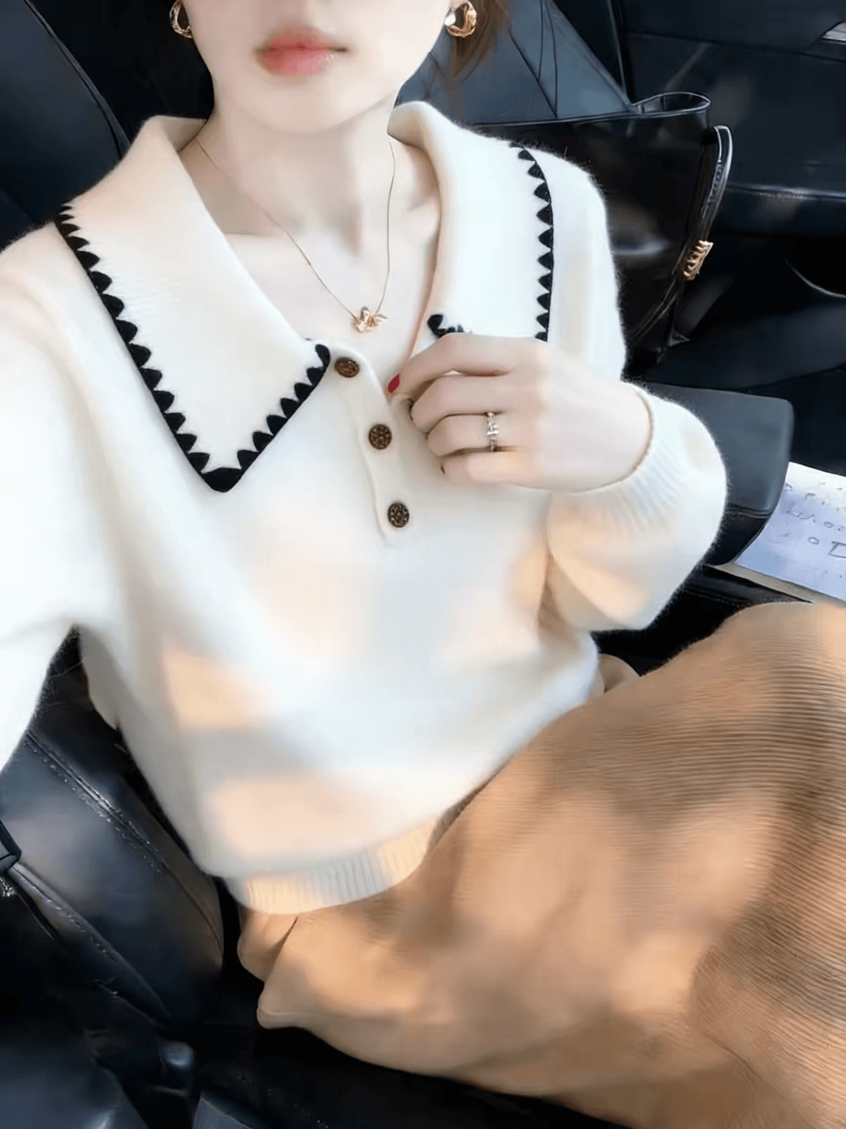 보존 섹션 추천 학원 스타일 배색 POLO 칼라 긴팔 니트 스웨터 여성 가을 새로운 긍정적 인 어깨 풀오버 상세 이미지 1