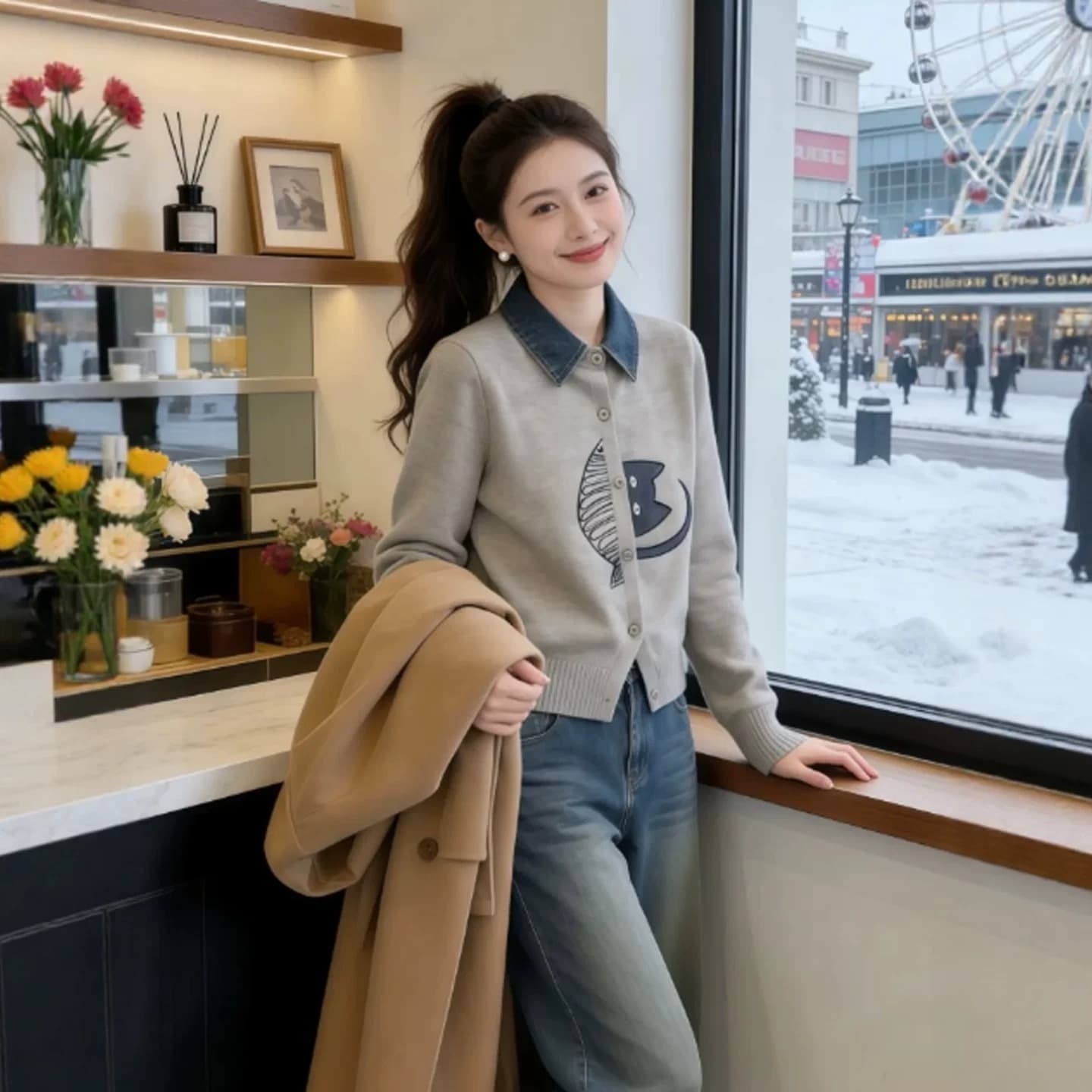 회색 디자인 센스 고양이 자카드 폴로 칼라 니트 오픈 가디건 여성 2026 봄 한 부서 아름다운 아름다운 chic 맨위 상세 이미지 4