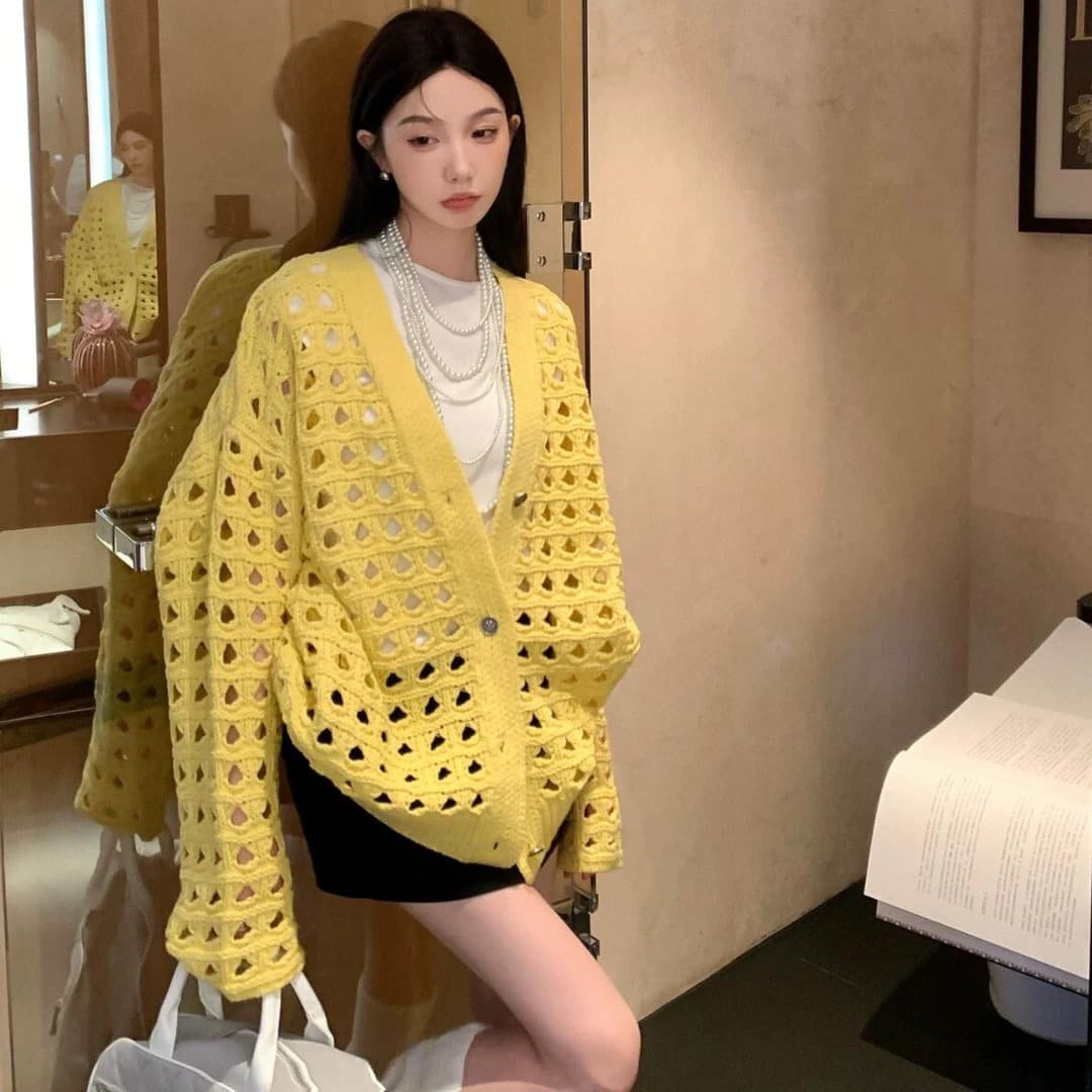 프랑스식 디자인 섹션 홀로우 아웃 니트 스웨터 여성 봄 루즈핏 레트로 긴팔 카디건 코트 맨위 상세 이미지 2