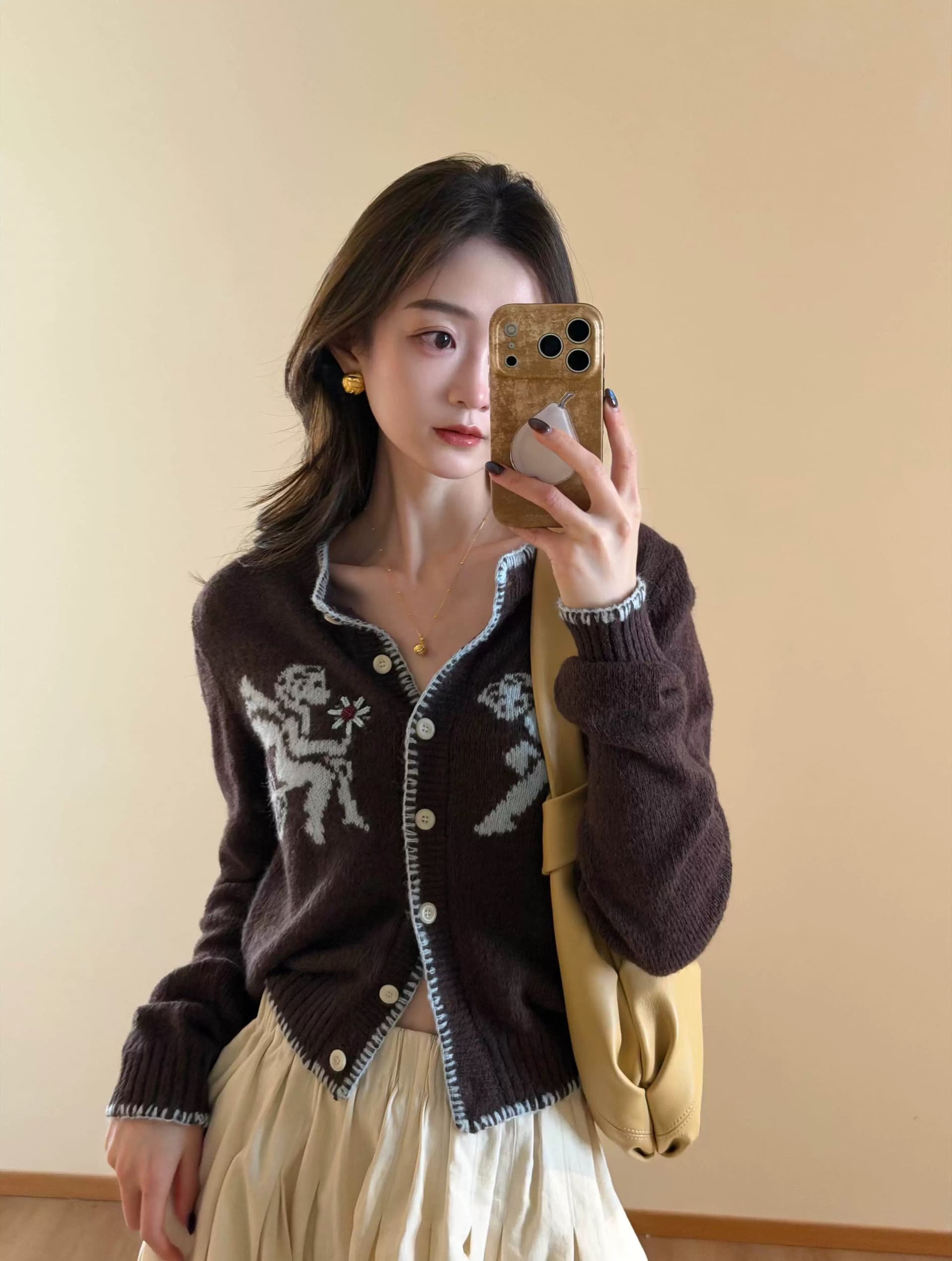 아름다움 라드. 커피 색상 니트 오픈 가디건 여성 조기 봄 자카드 루즈핏 느긋한 바람 외부 가져 가라. 스웨터 코트 봄 드레스 맨위