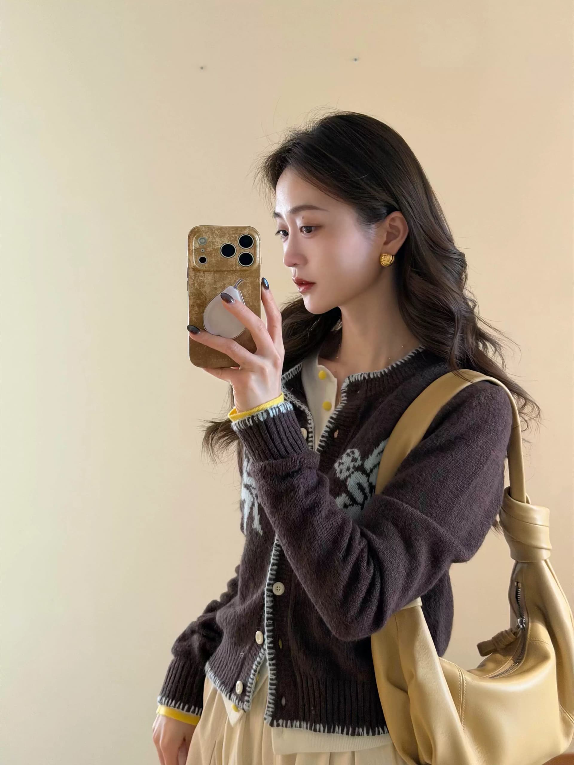 아름다움 라드. 커피 색상 니트 오픈 가디건 여성 조기 봄 자카드 루즈핏 느긋한 바람 외부 가져 가라. 스웨터 코트 봄 드레스 맨위 이미지 3