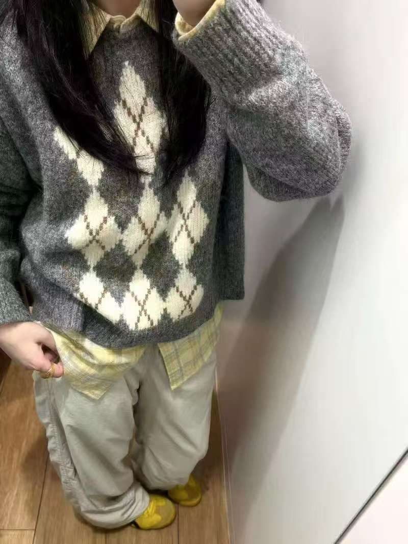 아메리칸 레트로 느긋한 바람 링 그리드 회색 풀오버 스웨터 여자 가을 겨울철 루즈핏 라운드 넥 긴팔 니트 스웨터 맨위