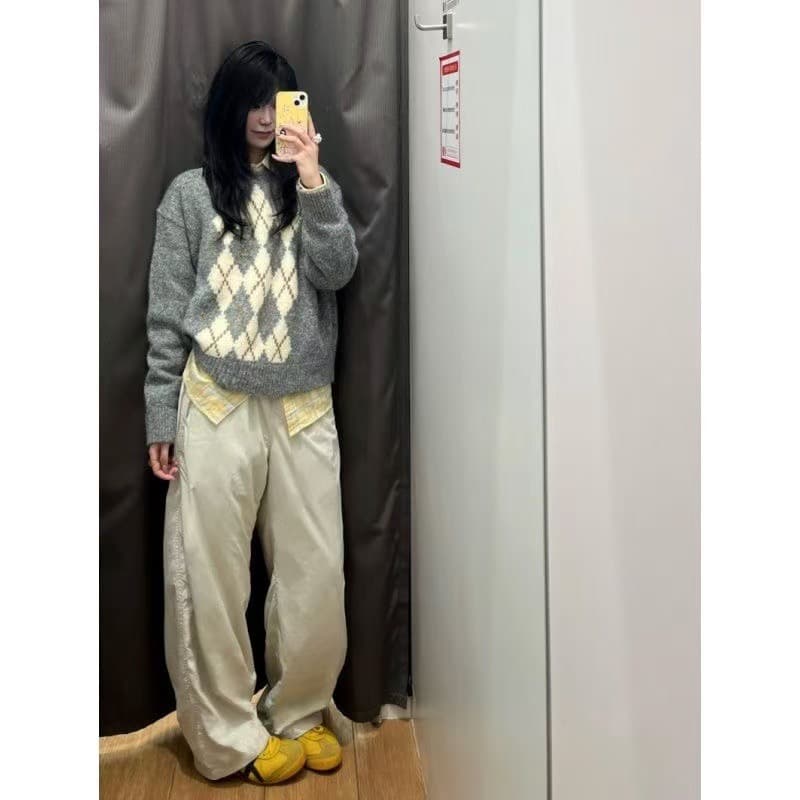아메리칸 레트로 느긋한 바람 링 그리드 회색 풀오버 스웨터 여자 가을 겨울철 루즈핏 라운드 넥 긴팔 니트 스웨터 맨위 상세 이미지 1