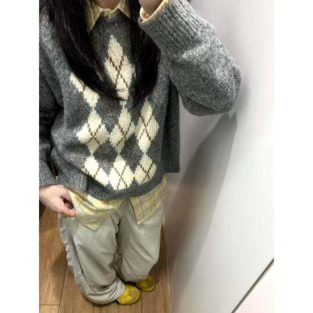 아메리칸 레트로 느긋한 바람 링 그리드 회색 풀오버 스웨터 여자 가을 겨울철 루즈핏 라운드 넥 긴팔 니트 스웨터 맨위 상세 이미지 2