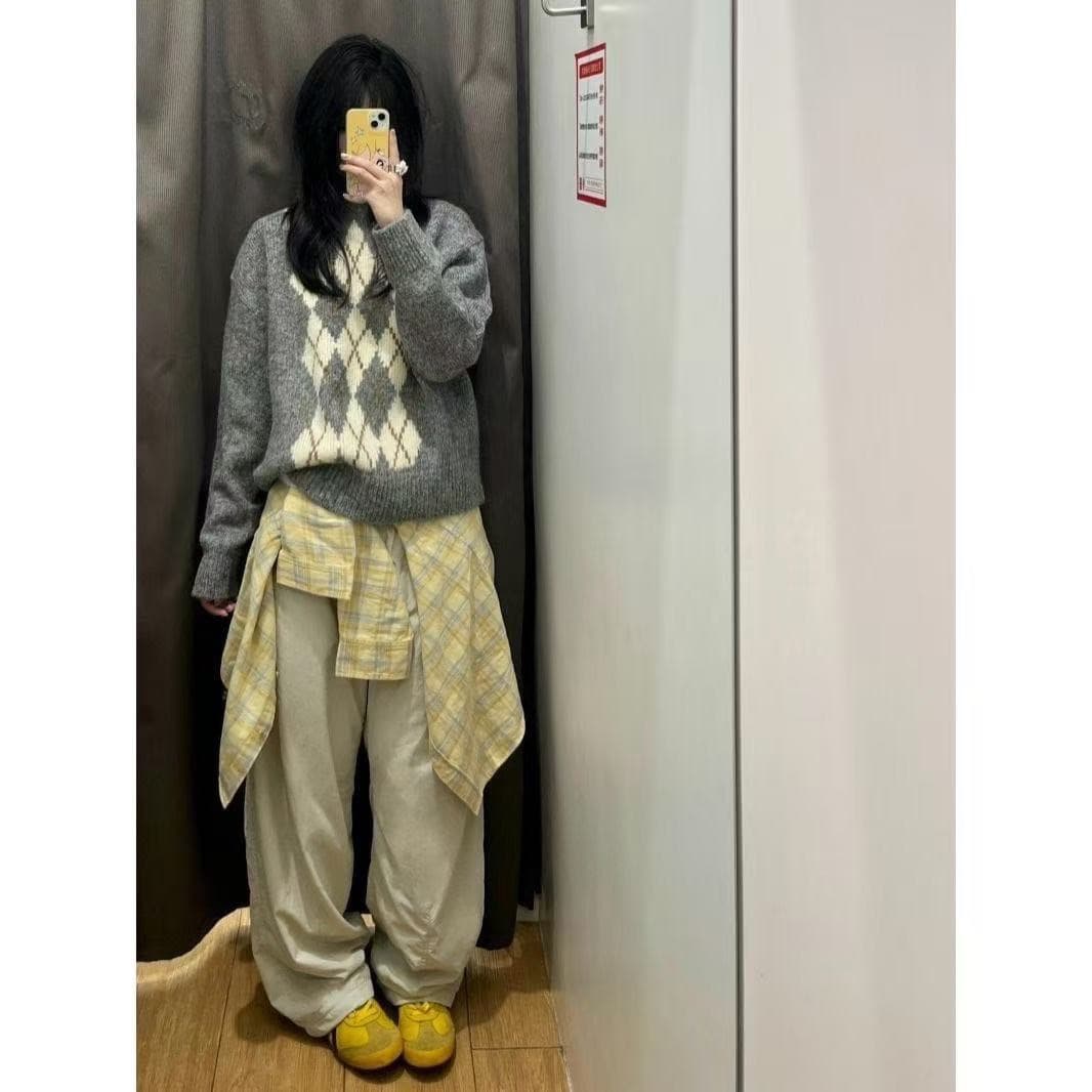 아메리칸 레트로 느긋한 바람 링 그리드 회색 풀오버 스웨터 여자 가을 겨울철 루즈핏 라운드 넥 긴팔 니트 스웨터 맨위 상세 이미지 4