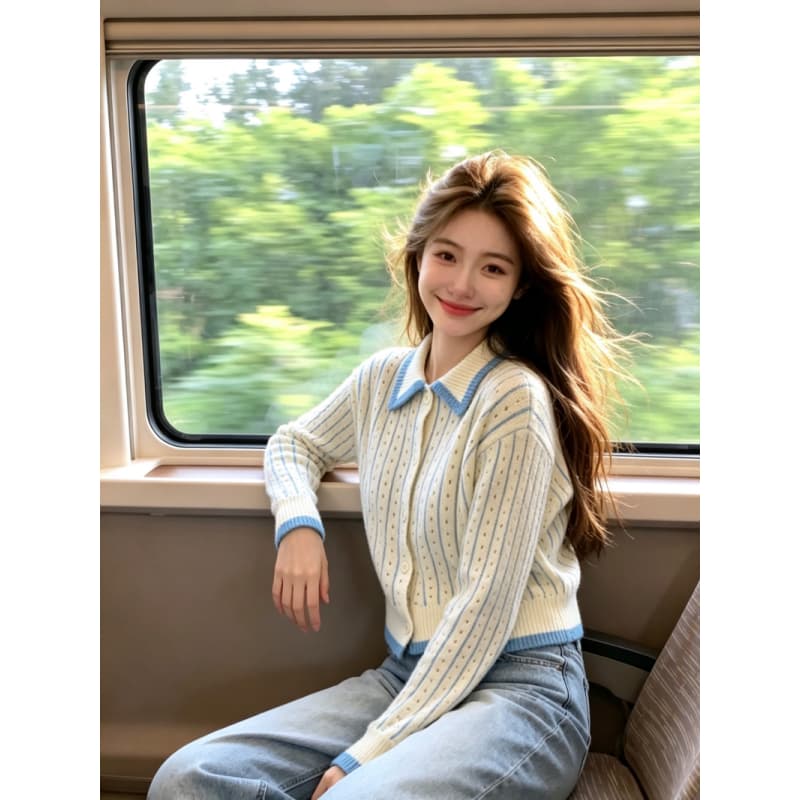 보존 섹션 추천 한 부서 스트라이프 폴로 칼라 긴팔 니트 스웨터 여성 가을 새로운 달콤함 품격 다용도 맨위 이미지 2