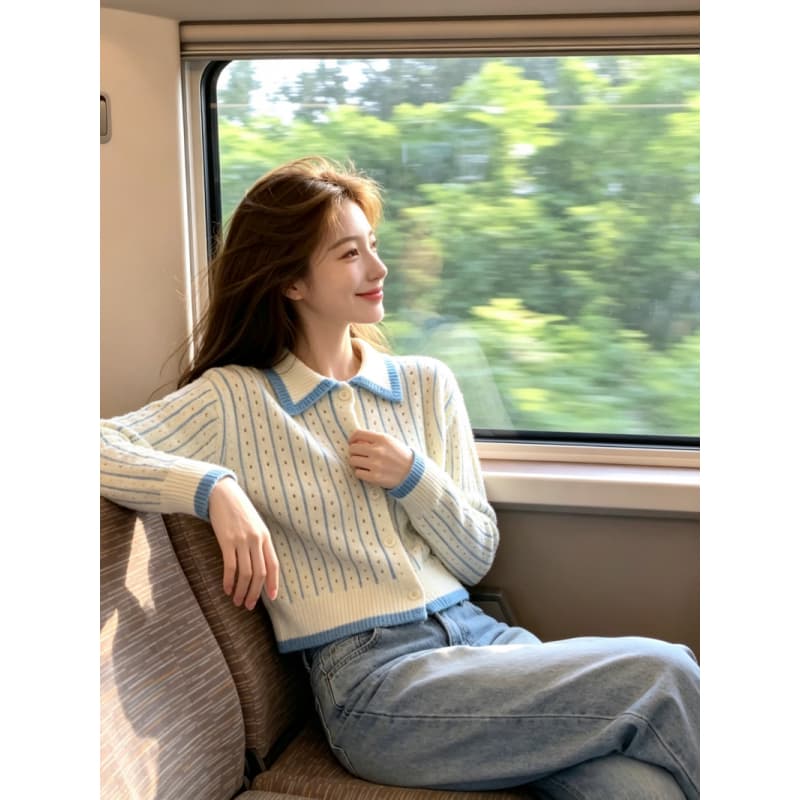 보존 섹션 추천 한 부서 스트라이프 폴로 칼라 긴팔 니트 스웨터 여성 가을 새로운 달콤함 품격 다용도 맨위 상세 이미지 4