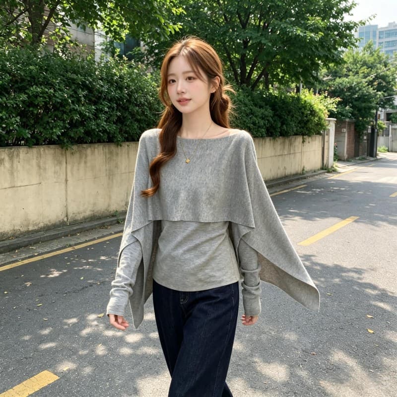 가을 겨울 망토 숄 페이크 레이어드 니트 스웨터 여성 지방 mm 고유 한 다용도 연령 감소 슬림해 보이는 긴팔 기본 셔츠