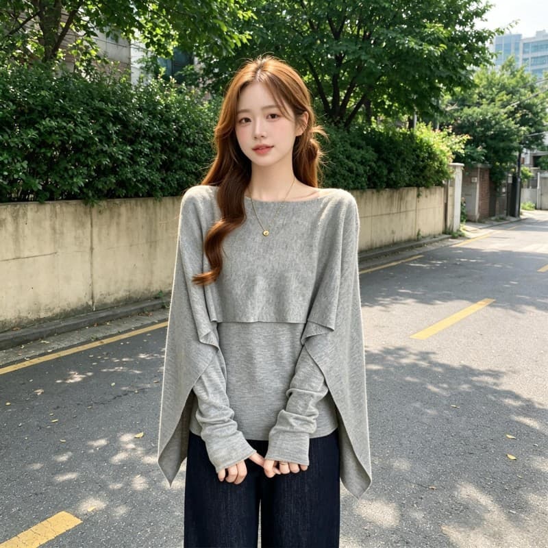 가을 겨울 망토 숄 페이크 레이어드 니트 스웨터 여성 지방 mm 고유 한 다용도 연령 감소 슬림해 보이는 긴팔 기본 셔츠 이미지 3