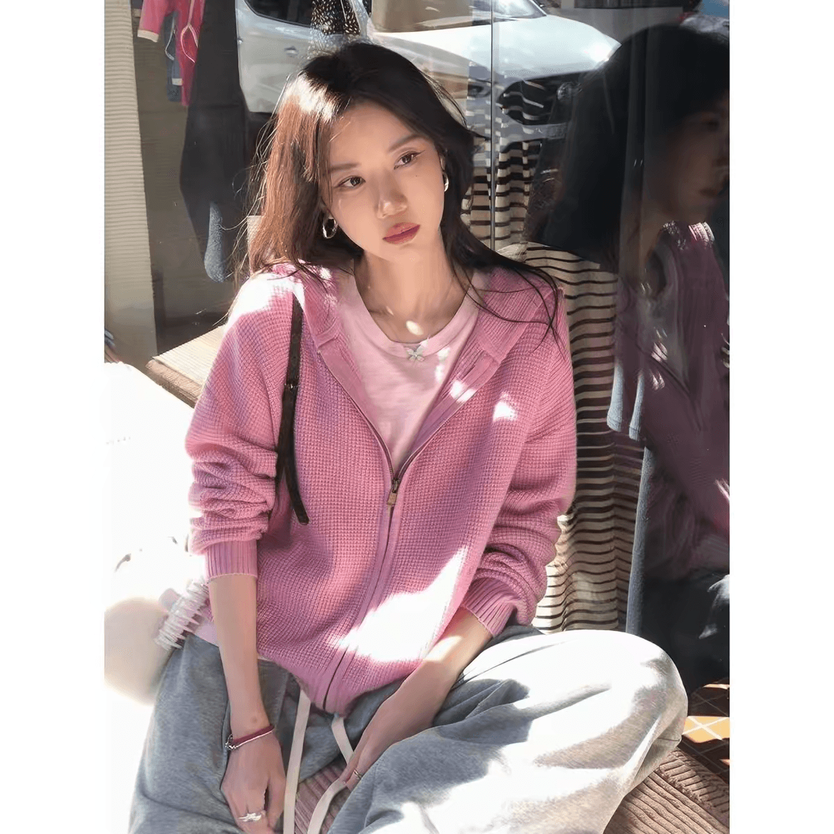 도파민 한 부서 루즈핏 슬림해 보이는 후아 남편 그리드 후드 오픈 가디건 스웨터 여자 가을 겨울 새로운 캐주얼 다용도 재킷 트렌디