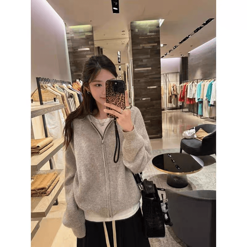 도파민 한 부서 루즈핏 슬림해 보이는 후아 남편 그리드 후드 오픈 가디건 스웨터 여자 가을 겨울 새로운 캐주얼 다용도 재킷 트렌디 상세 이미지 2