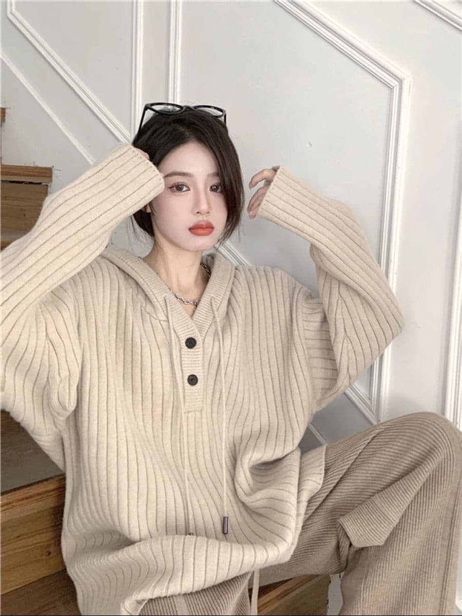 2026 가을 겨울철 새로운 구덩이 기사 후드 스웨터 여자 와이드 부드러운 찹쌀 느긋한 바람 인사이드 가져 가라. 니트 스웨터 후드티 재킷