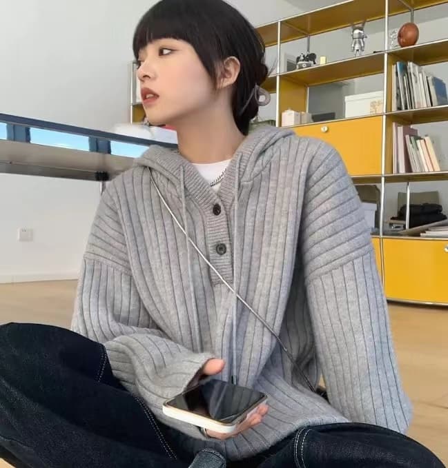 2026 가을 겨울철 새로운 구덩이 기사 후드 스웨터 여자 와이드 부드러운 찹쌀 느긋한 바람 인사이드 가져 가라. 니트 스웨터 후드티 재킷 상세 이미지 5
