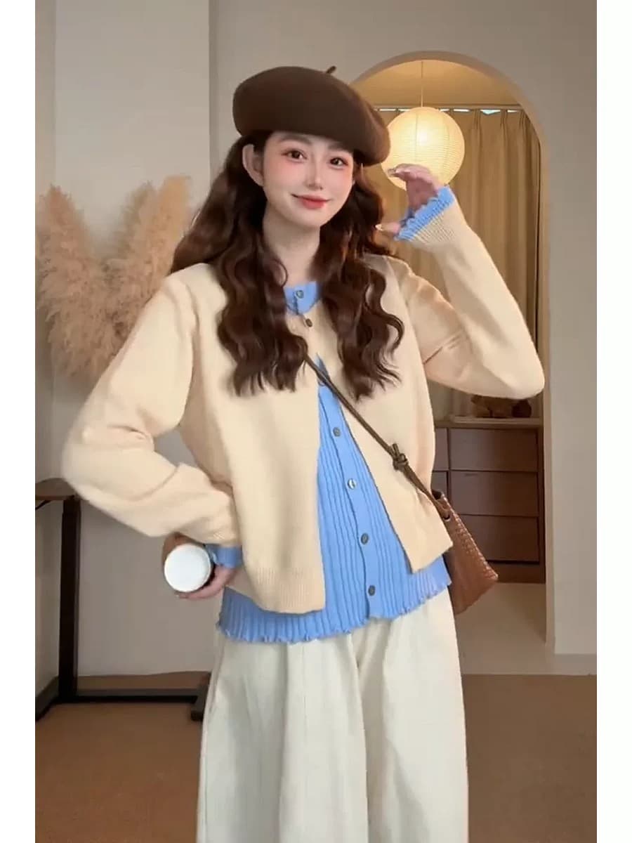 한 부서 디자인 센스 배색 페이크 레이어드 니트 오픈 가디건 여성 가을 겨울 부드러운 바람 달콤함 슬림해 보이는 다용도 스웨터 코트 이미지 3